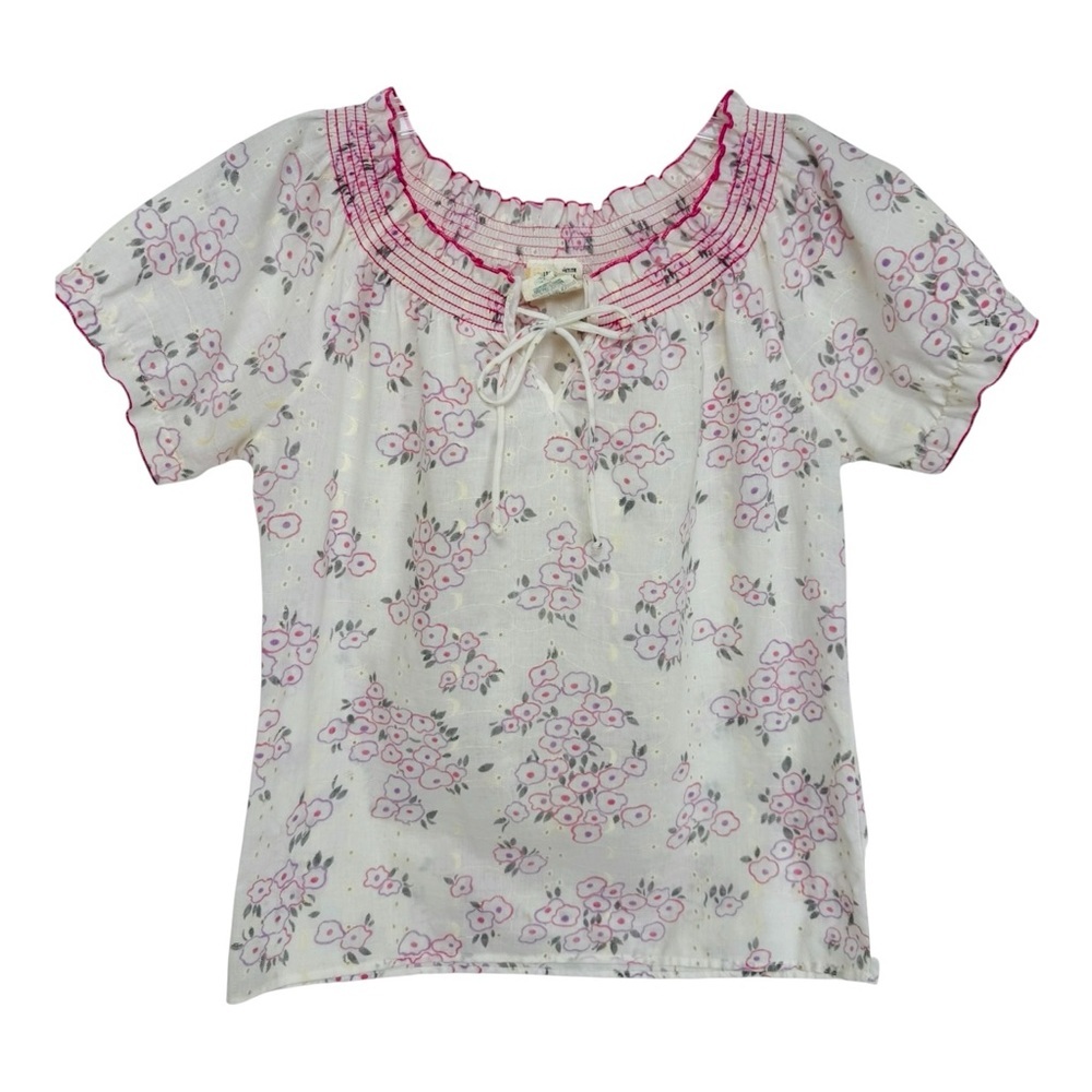 Vintage 70s Floral Boho Peasant Blouse Top Size Small Union Made White Pink